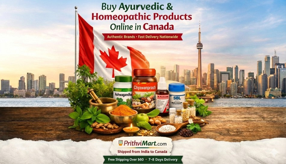 Promotional banner for PrithviMart.com offering authentic Ayurvedic and homeopathic products for sale online in Canada, with free shipping over $60 and 7-8 day delivery from India, set against a backdrop of the Toronto skyline and a Canadian flag