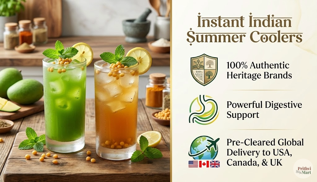 Prithvi Mart authentic chilled Jaljeera and Aam Panna summer drinks with an internal pantry-stocking infographic guide