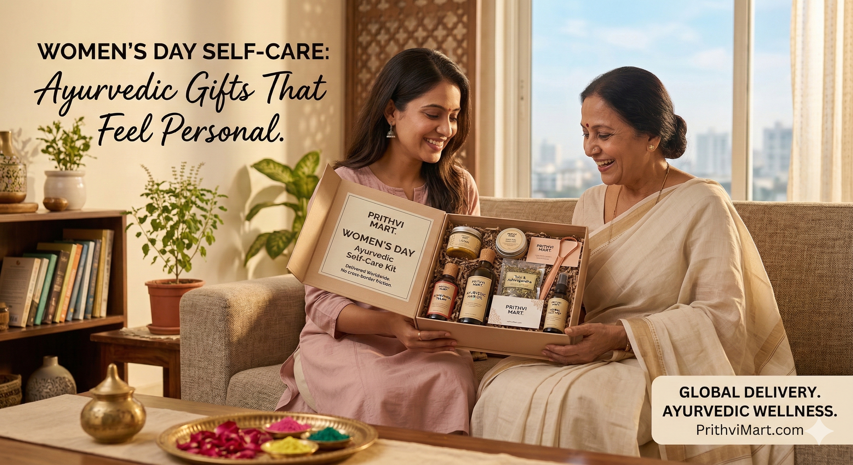 A joyful daughter presents a branded Prithvi Mart Women’s Day Ayurvedic Self-Care Kit to her smiling mother in a sunlit Indian living room, with a decorative table and city skyline.