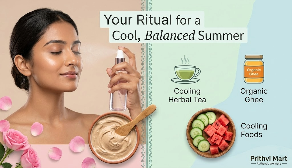 Infographic guide showing an Ayurvedic summer routine to balance Pitta dosha using cooling foods, herbal tea, sandalwood, and rose water.
