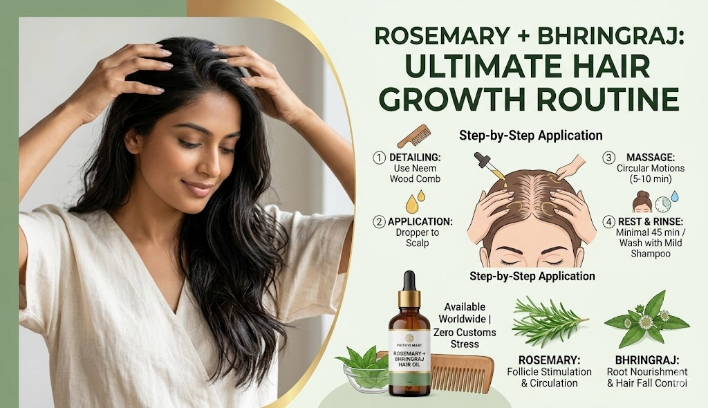 Infographic displaying the step-by-step application and scalp massage routine for rosemary and bhringraj hair oi