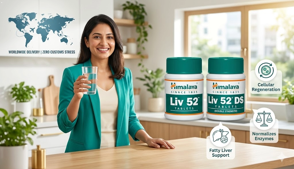 Side-by-side comparison infographic of Himalaya Liv 52 and Liv 52 DS bottles with Ayurvedic herbs highlighting natural liver detox and fatty liver protection benefits.