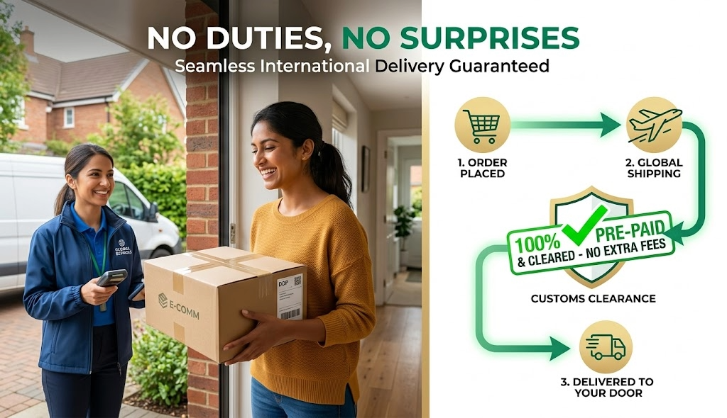 A woman receiving a Prithvi Mart package at her door next to an infographic showing a pre-paid customs clearance shipping process.