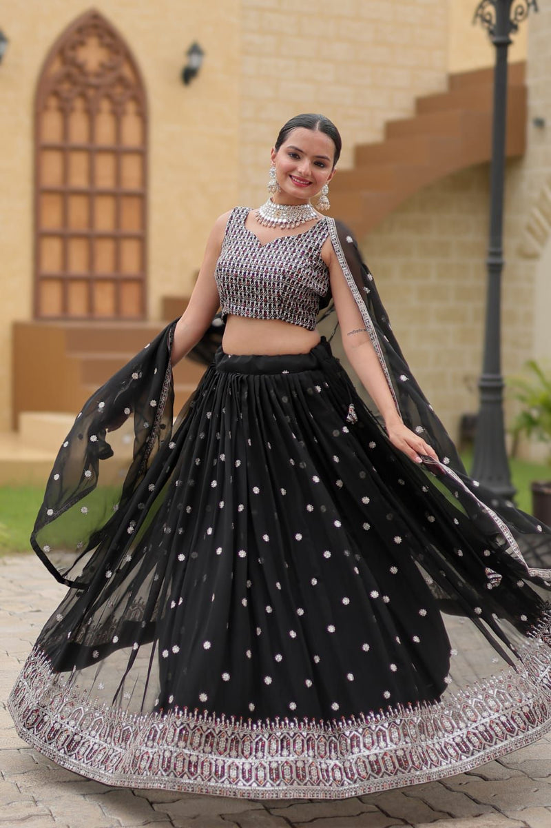 Aastha fashion black faux georgette lehanga blouse fabric embroidery work