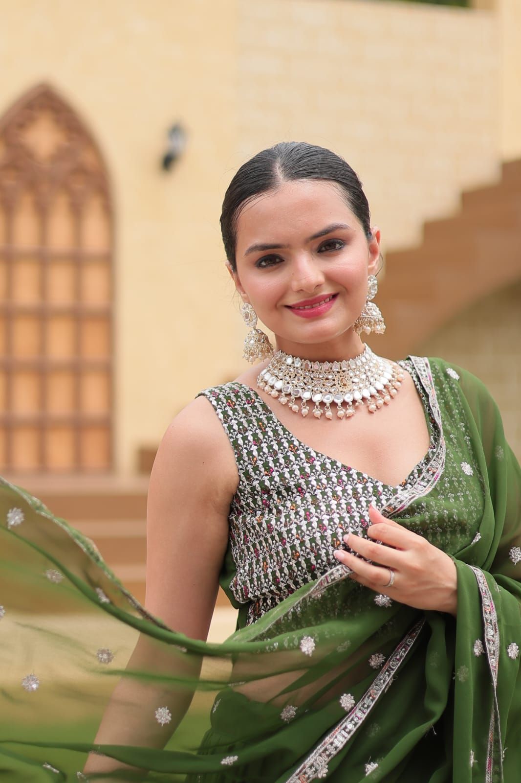 Aastha fashion green faux georgette lehanga blouse fabric embroidery work