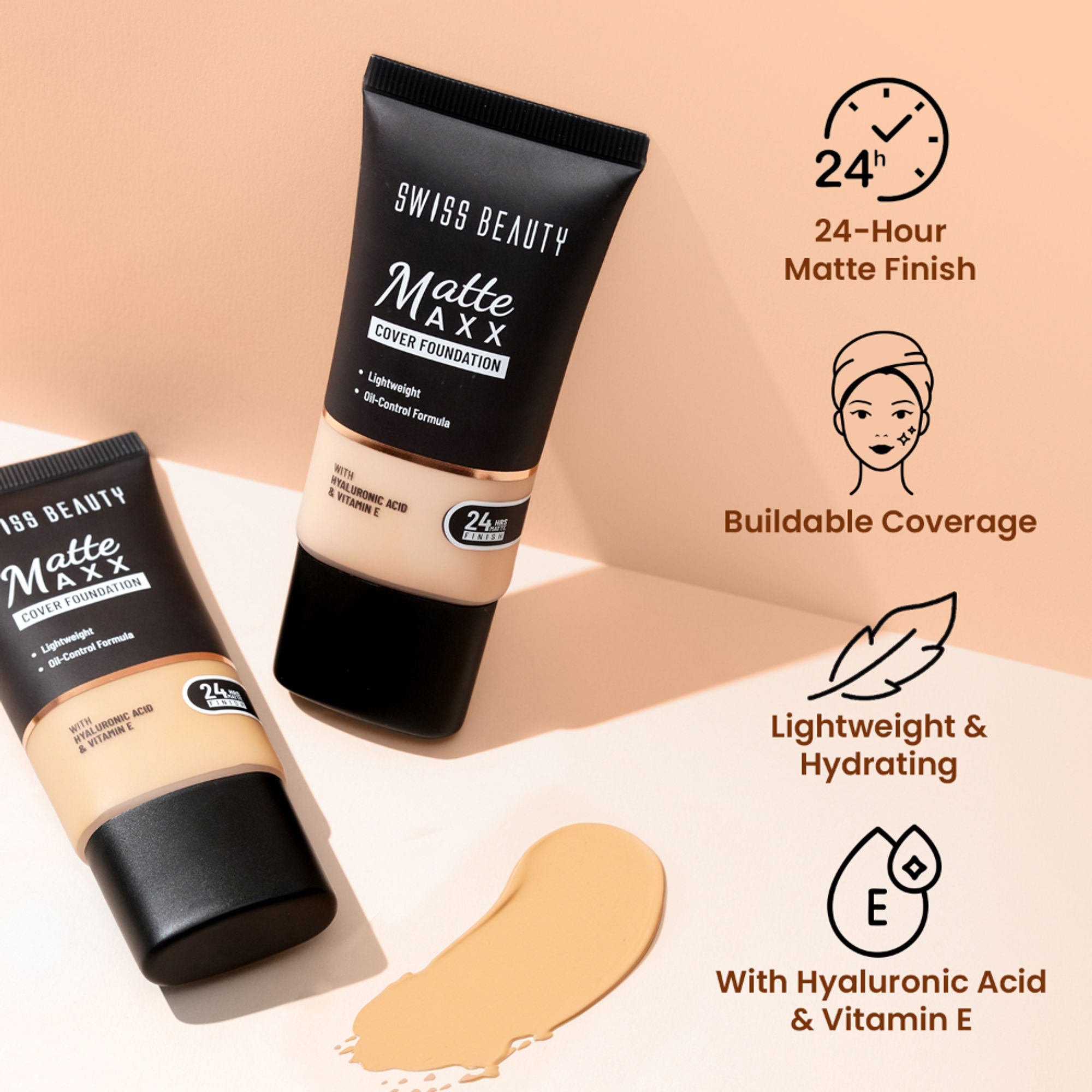 Swiss Beauty Matte Maxx Cover Foundation with Hyaluronic Acid & Vitamin E - 3 Light Warm