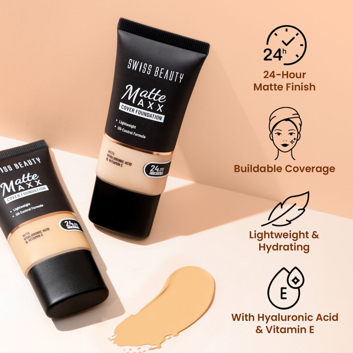 Swiss Beauty Matte Maxx Cover Foundation with Hyaluronic Acid & Vitamin E - 4 Medium Warm
