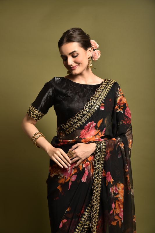 Aastha Black Heavy soft Chiffon Heavy Mono Banglori beautiful floral Print Work