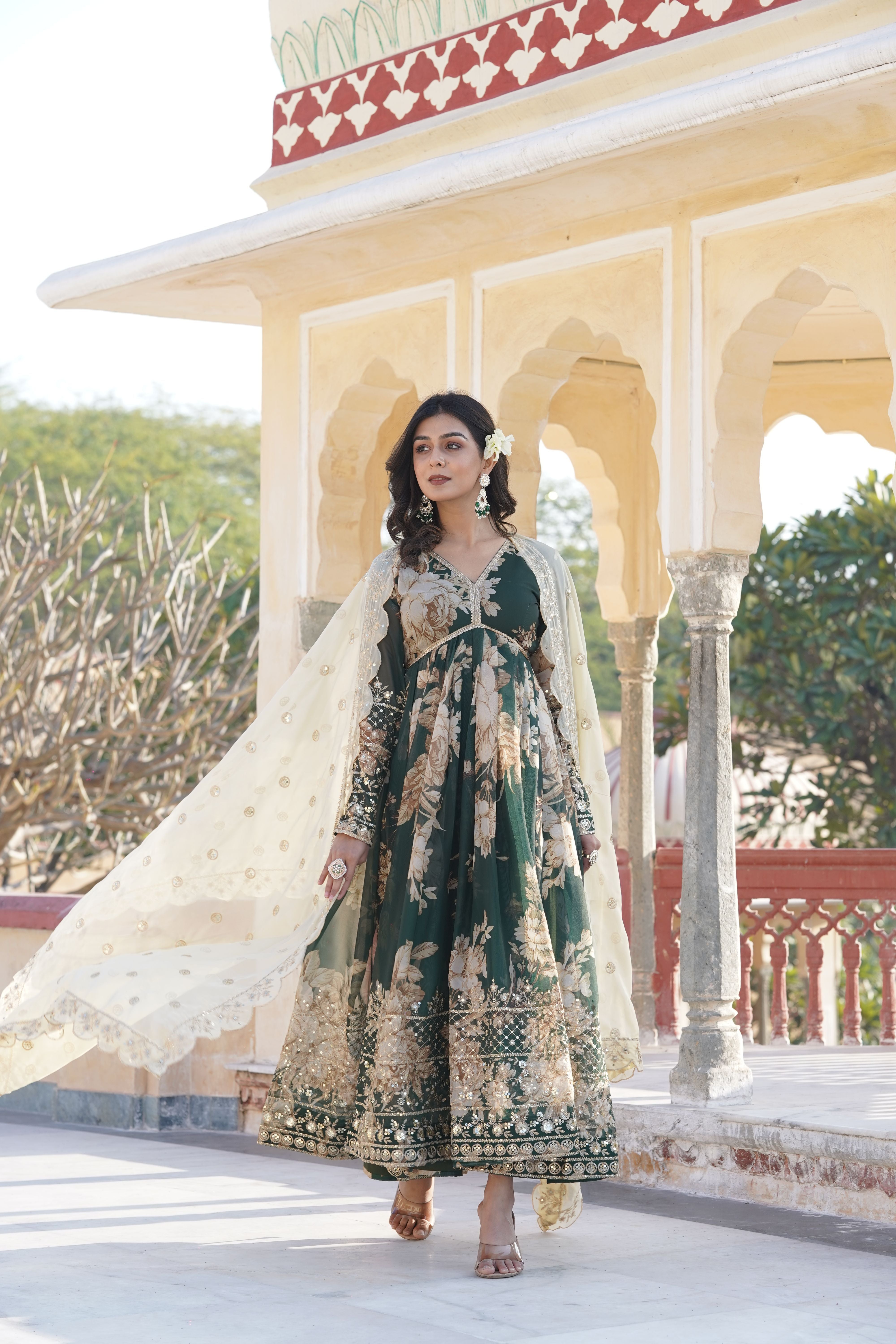 Aastha Green Faux Blooming with Gown fabric Embroidery Zari Sequins