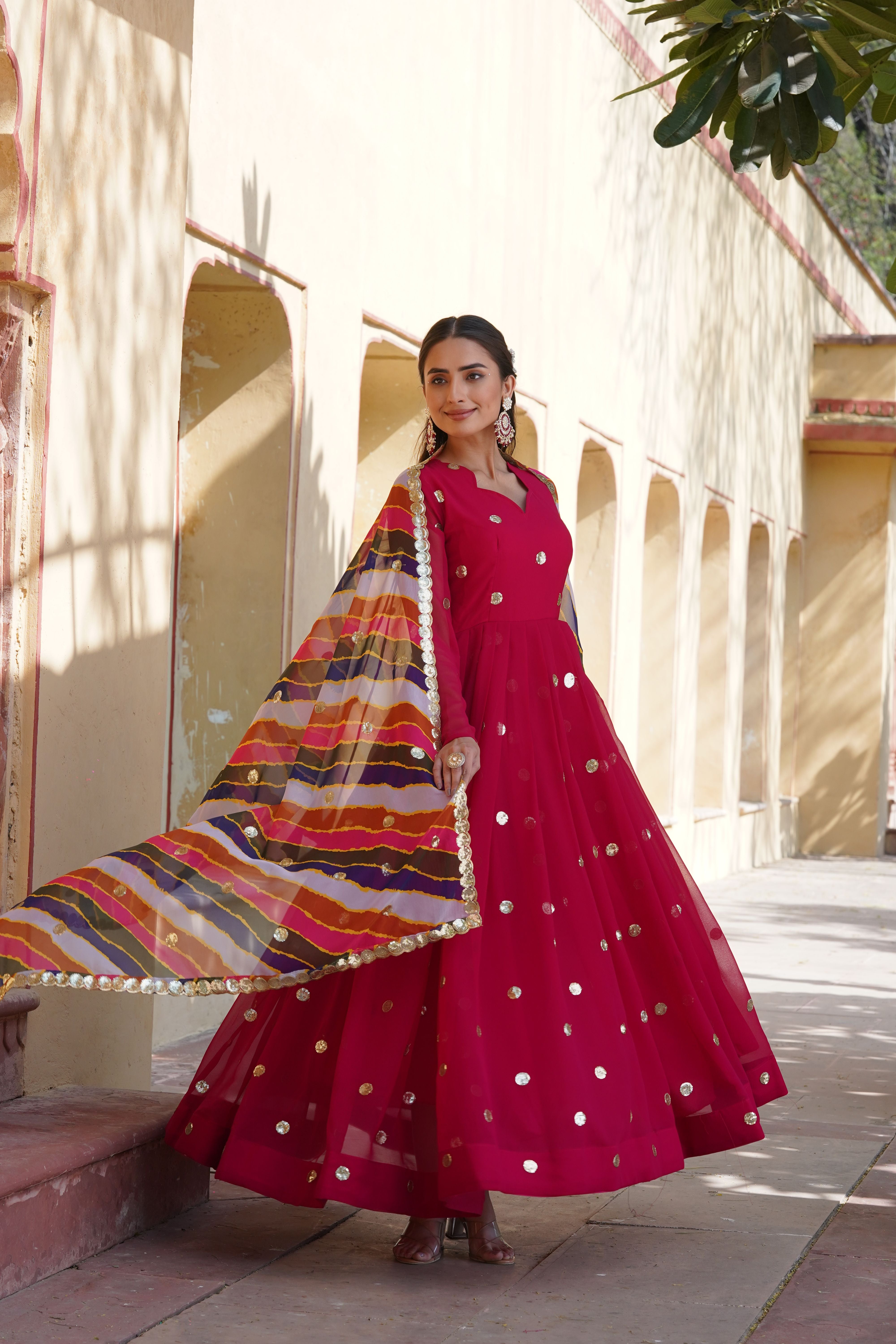 Aastha Rani pink Faux Georgette with Gown fabric Printed