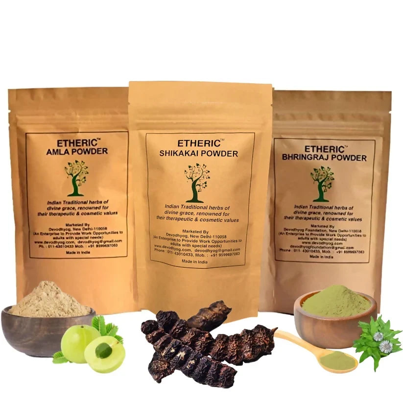 Etheric Amla Bhringraj Shikakai Powder Combo – Herbal Hair Growth & Strength Pack