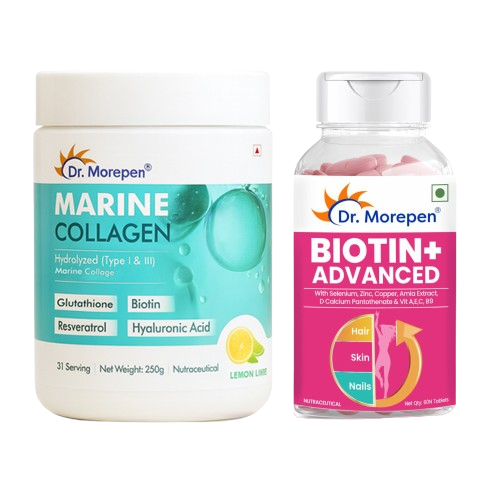 Dr. Morepen Biotin+ Advanced Tablets & DR. Morepen Marine Collagen Powder with Glutathione, Hyaluronic Acid, Resveratrol & Biotin Lemon Lime Flavour - Combo