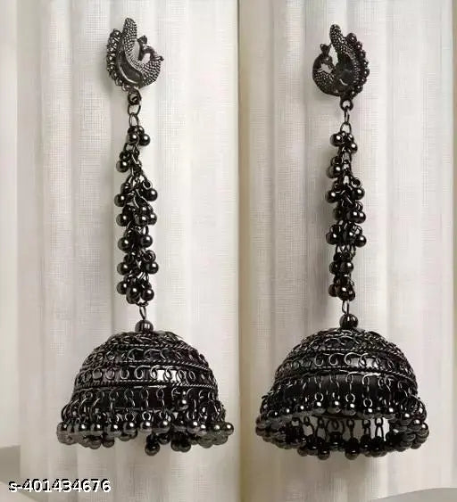 Tehzeeb Creations Women's Black Colour Oxidised Peacock Design Earrings