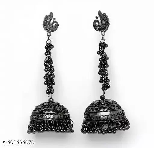 Tehzeeb Creations Women's Black Colour Oxidised Peacock Design Earrings