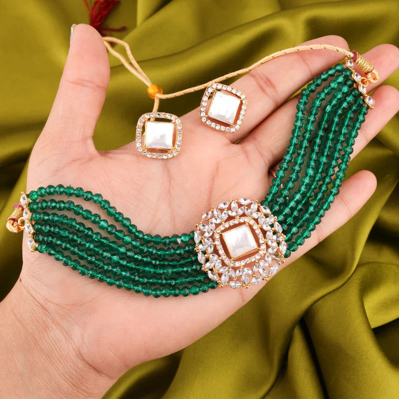 Tehzeeb Creation Brass Gold-plated Gold, Green, White Jewel Set    THZ103