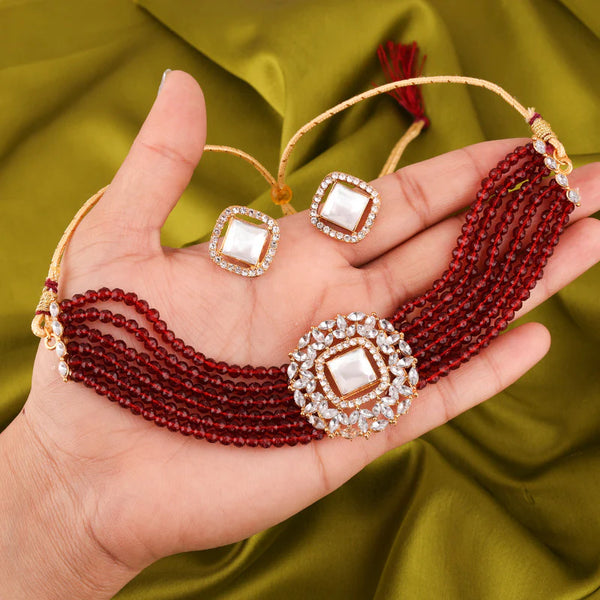 Tehzeeb Creation Brass Gold-plated Gold, Maroon, White Jewel Set    THZ104