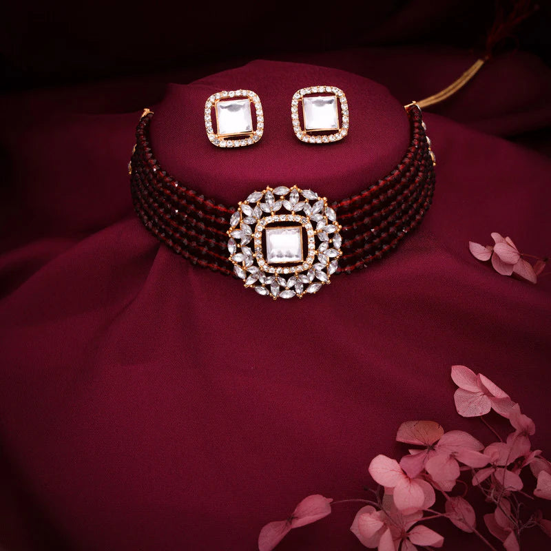 Tehzeeb Creation Brass Gold-plated Gold, Maroon, White Jewel Set    THZ104