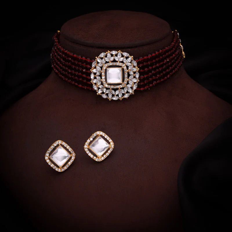 Tehzeeb Creation Brass Gold-plated Gold, Maroon, White Jewel Set    THZ104