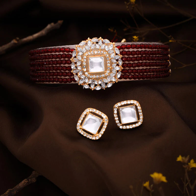 Tehzeeb Creation Brass Gold-plated Gold, Maroon, White Jewel Set    THZ104