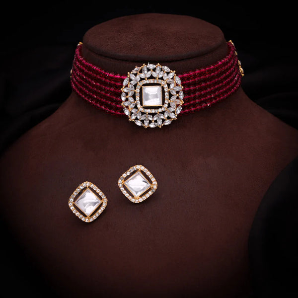 Tehzeeb Creation Brass Gold-plated Gold, Red, White Jewel Set  THZ105