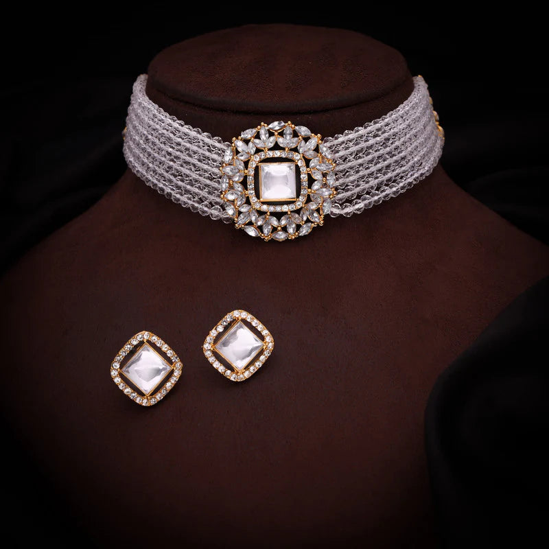 Tehzeeb Creation Brass Gold-plated Gold, White, White Jewel Set    THZ106