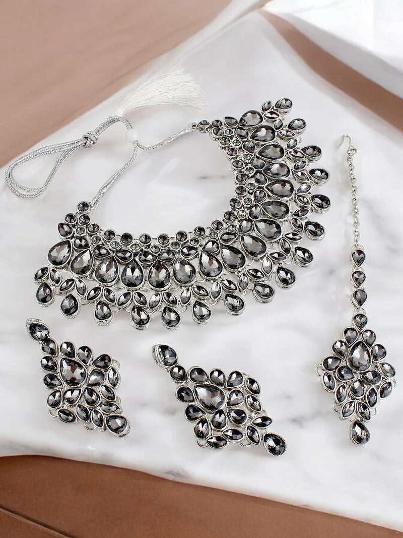 Tehzeeb Creation Platinum Plated Silver Polish Stone Mini Bridal Choker Set for Women & Girls THZ386