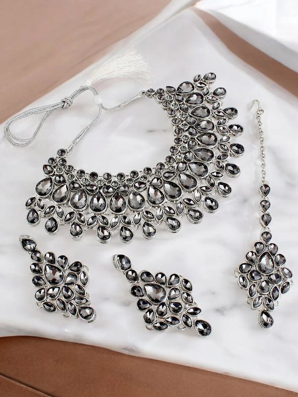 Tehzeeb Creation Platinum Plated Silver Polish Stone Mini Bridal Choker Set for Women & Girls THZ388