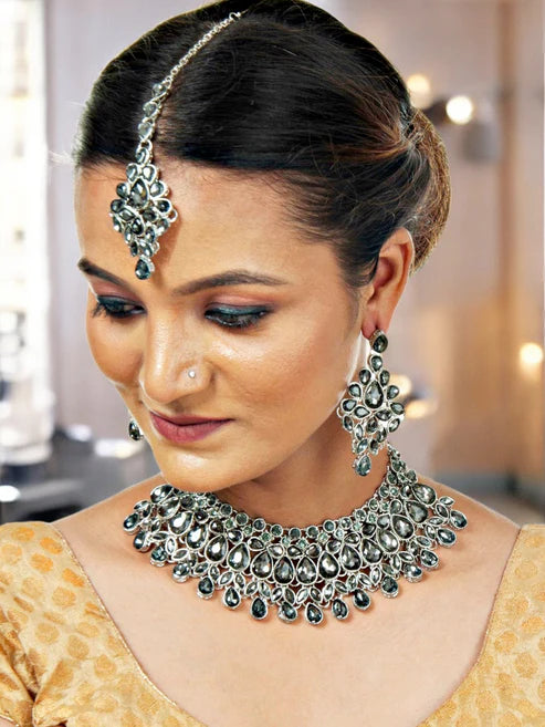 Tehzeeb Creation Platinum Plated Silver Polish Stone Mini Bridal Choker Set for Women & Girls THZ386