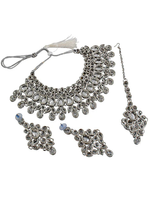 Tehzeeb Creation Platinum Plated Silver Polish Stone Mini Bridal Choker Set for Women & Girls THZ387