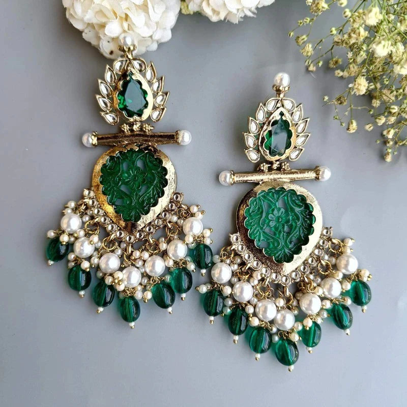 Tehzeeb Creation Latest Gold Polish Kundan & Pearl Studded Designer Drop Long Earrings for Women and Girls green THZ109