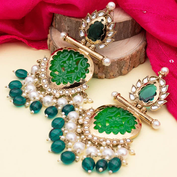 Tehzeeb Creation Latest Gold Polish Kundan & Pearl Studded Designer Drop Long Earrings for Women and Girls green THZ109