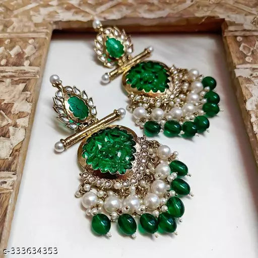 Tehzeeb Creation Latest Gold Polish Kundan & Pearl Studded Designer Drop Long Earrings for Women and Girls green THZ109