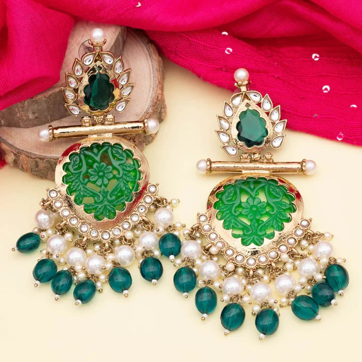 Tehzeeb Creation Latest Gold Polish Kundan & Pearl Studded Designer Drop Long Earrings for Women and Girls green THZ109