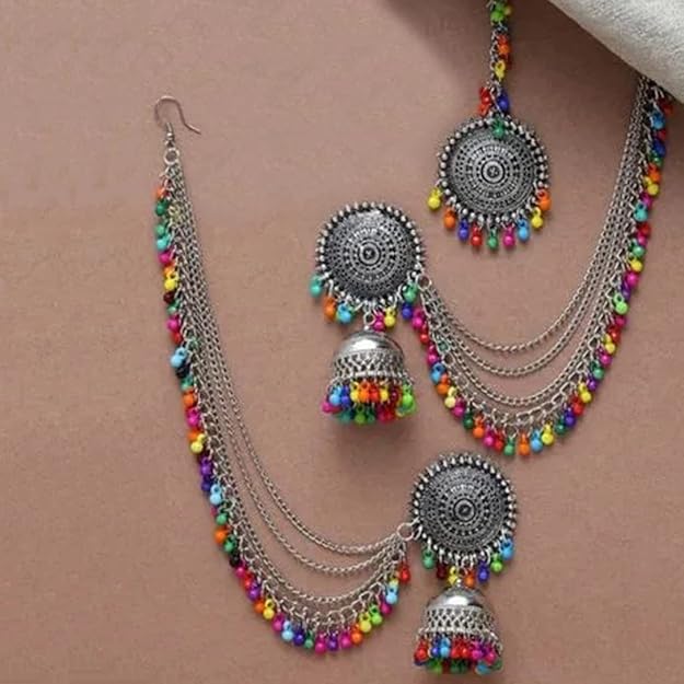 Tehzeeb Creations Women's Multi Colour Beads Earring With Ear Chain