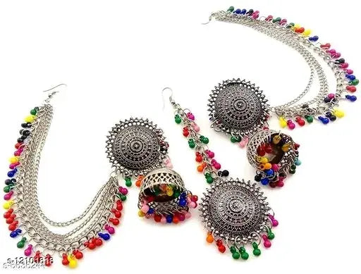 Tehzeeb Creations Women's Multi Colour Beads Earring With Ear Chain