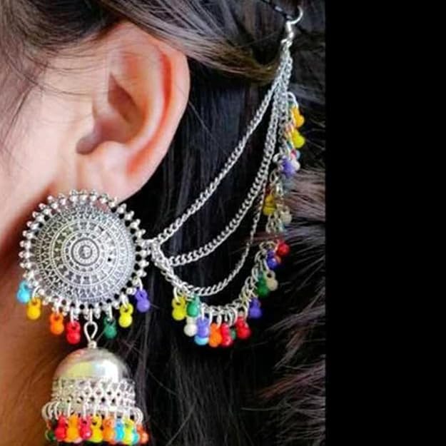 Tehzeeb Creations Women's Multi Colour Beads Earring With Ear Chain