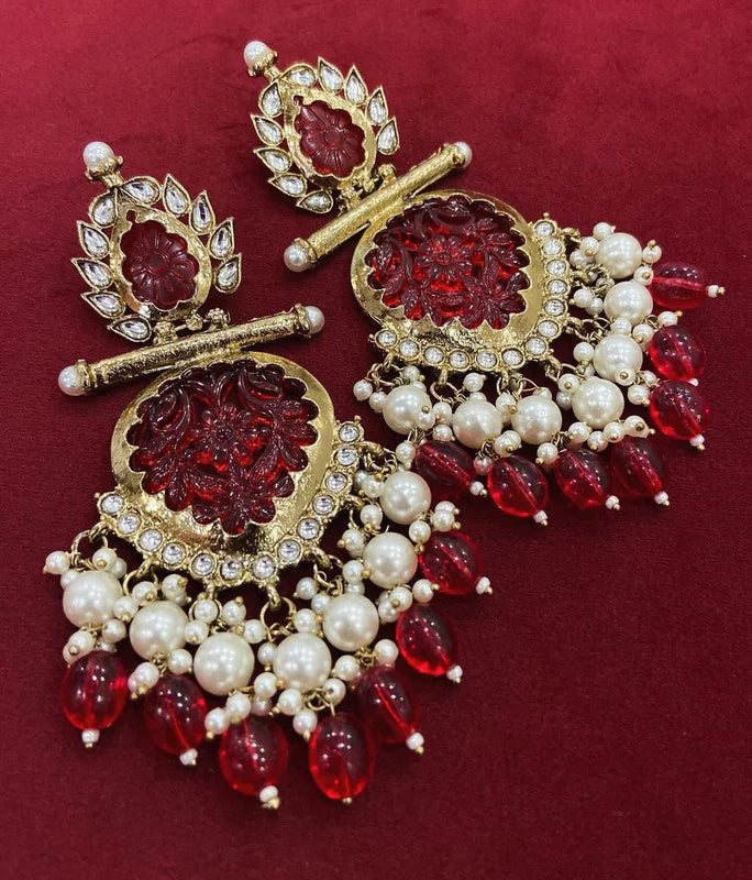 Tehzeeb Creation Latest Gold Polish Kundan & Pearl Studded Designer Drop Long Earrings for Women and Girls maroon THZ110