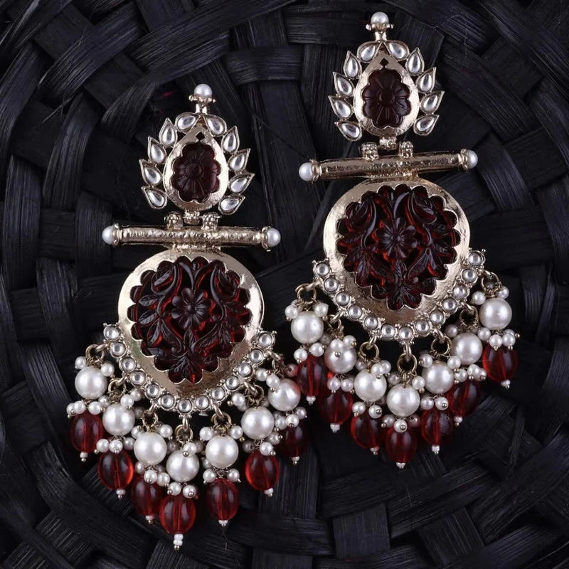 Tehzeeb Creation Latest Gold Polish Kundan & Pearl Studded Designer Drop Long Earrings for Women and Girls maroon THZ110