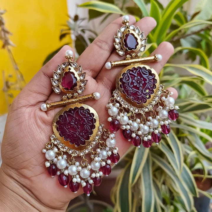 Tehzeeb Creation Latest Gold Polish Kundan & Pearl Studded Designer Drop Long Earrings for Women and Girls maroon THZ110