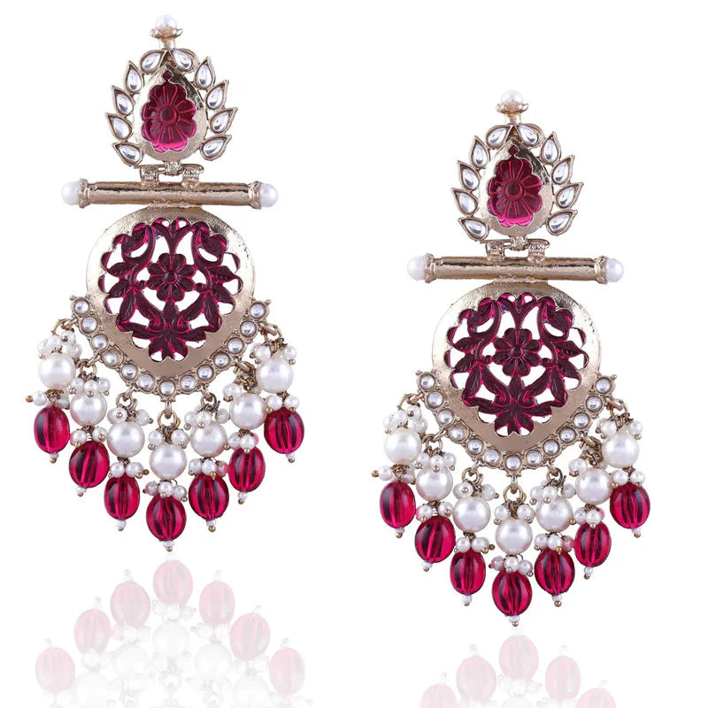 Tehzeeb Creation Latest Gold Polish Kundan & Pearl Studded Designer Drop Long Earrings for Women and Girls maroon THZ110