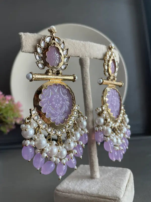 Tehzeeb Creation Latest Gold Polish Kundan & Pearl Studded Designer Drop Long Earrings for Women and Girls lavender THZ111