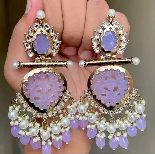 Tehzeeb Creation Latest Gold Polish Kundan & Pearl Studded Designer Drop Long Earrings for Women and Girls lavender THZ111