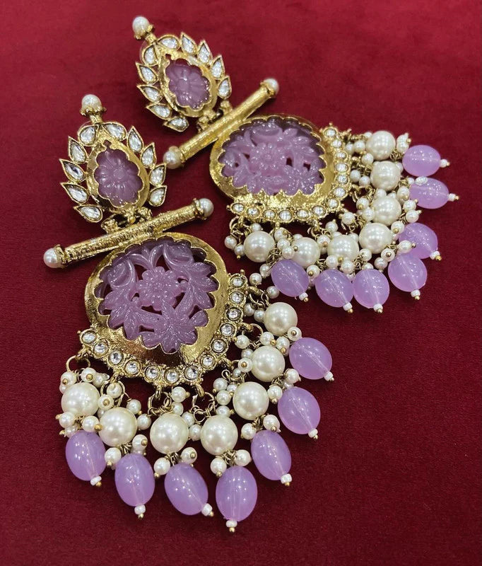 Tehzeeb Creation Latest Gold Polish Kundan & Pearl Studded Designer Drop Long Earrings for Women and Girls lavender THZ111