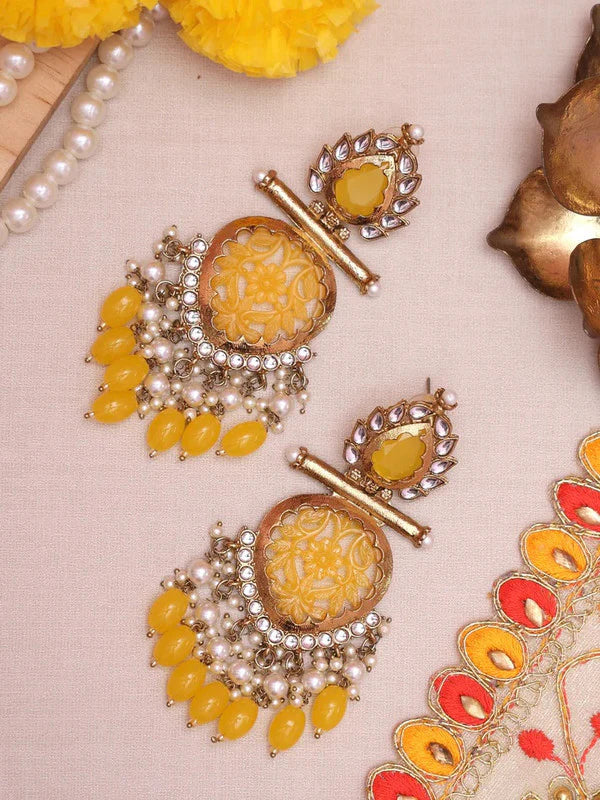 Tehzeeb Creation Latest Gold Polish Kundan & Pearl Studded Designer Drop Long Earrings for Women and Girls Yellow THZ112