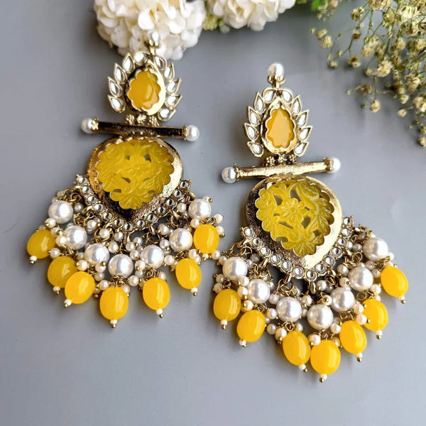 Tehzeeb Creation Latest Gold Polish Kundan & Pearl Studded Designer Drop Long Earrings for Women and Girls Yellow THZ112