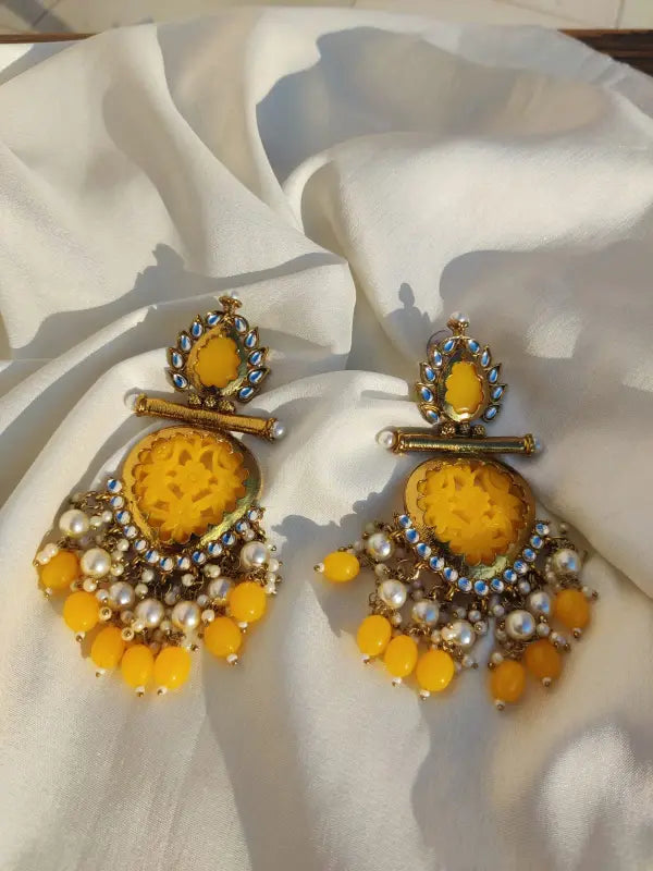 Tehzeeb Creation Latest Gold Polish Kundan & Pearl Studded Designer Drop Long Earrings for Women and Girls Yellow THZ112