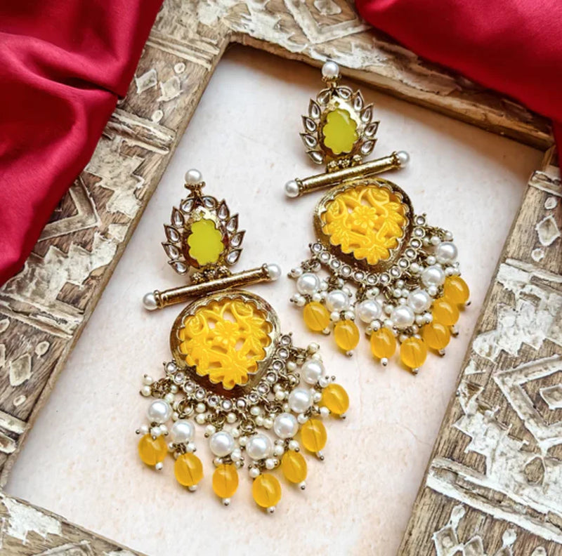 Tehzeeb Creation Latest Gold Polish Kundan & Pearl Studded Designer Drop Long Earrings for Women and Girls Yellow THZ112