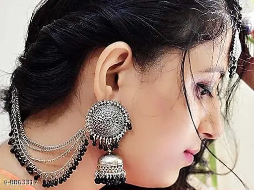 WOMENS SILVER AND BLACK COLOUR OXIDISED EARRINGS  WITH TIKA  THZ011