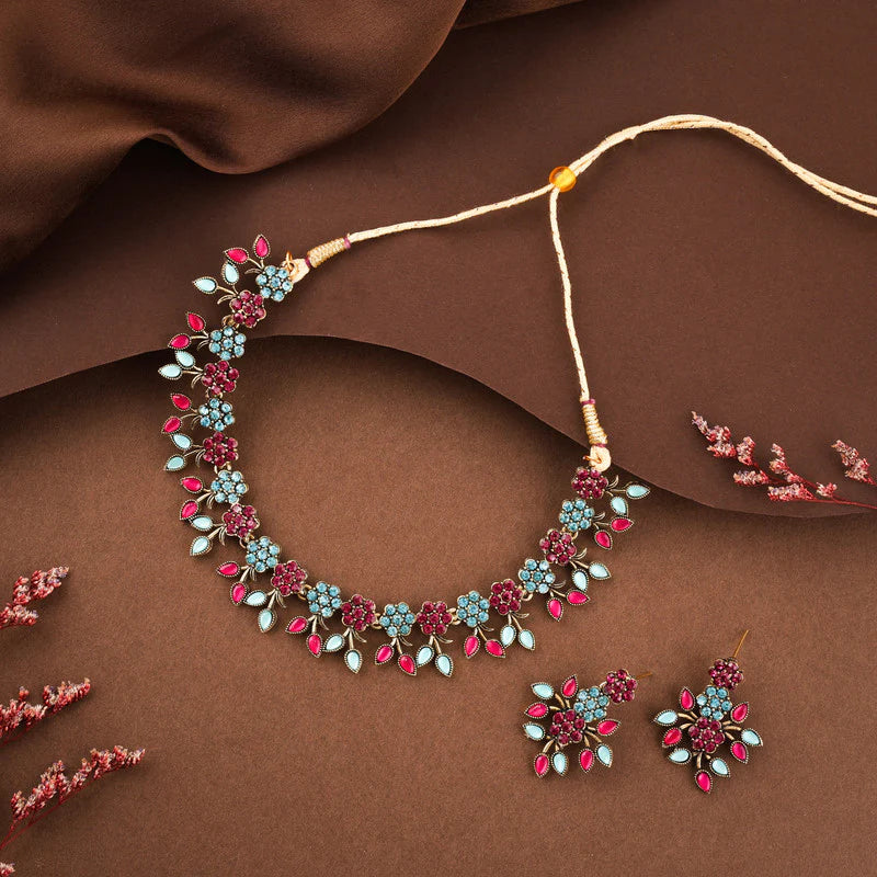 Tehzeeb Creation Brass Gold-plated Gold, Pink, Blue Jewel Set   THZ120