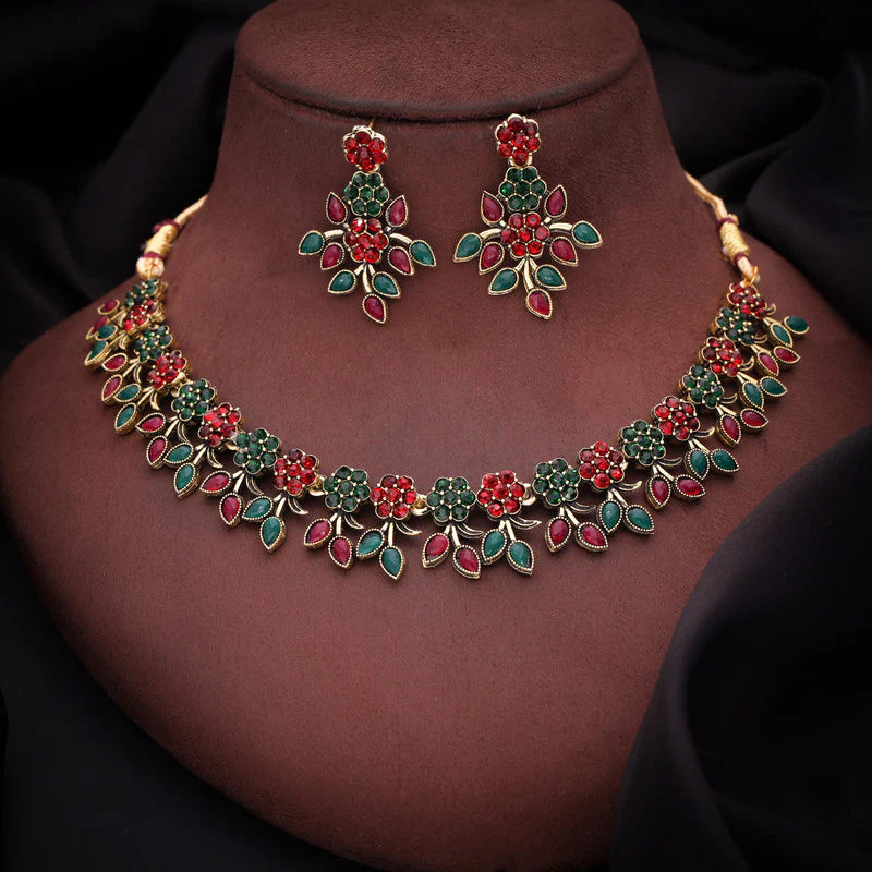 Tehzeeb Creation Green and maroon Pack of 1 Gold Plated Choker Necklace set With Earring for Women & Girls THZ123